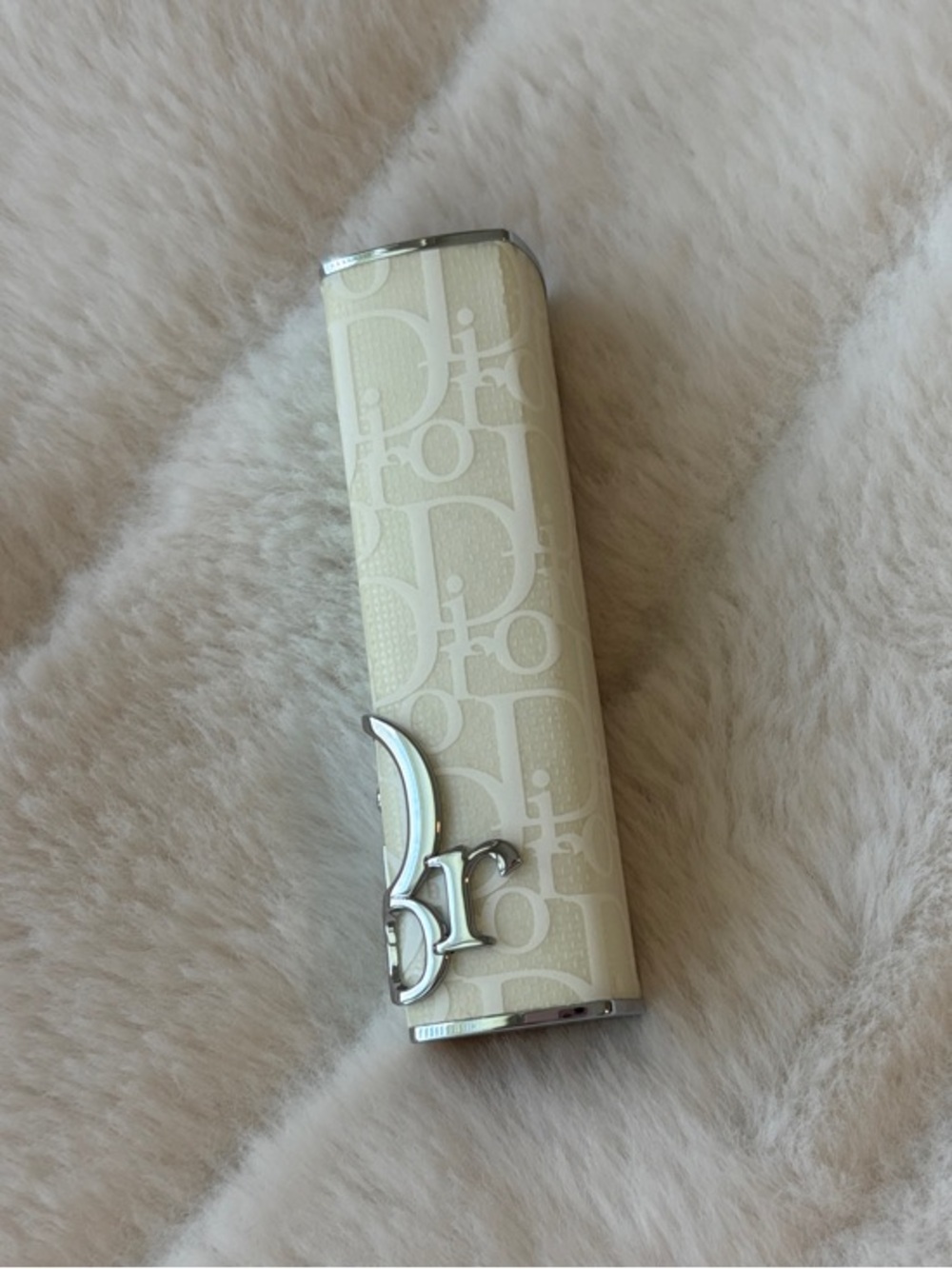Dior Ivory / Cream Monogram Lipstick Case with Silver CD Charm Christian Dior